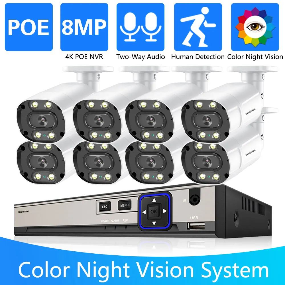8-КАНАЛЬНЫЙ 8-Мегапиксельный Комплект Видеонаблюдения 5-Мегапиксельной Камеры 4K HumanDete POE NVR Bullet Двухсторонний Аудиомагнитофон Color Night Vision KIt