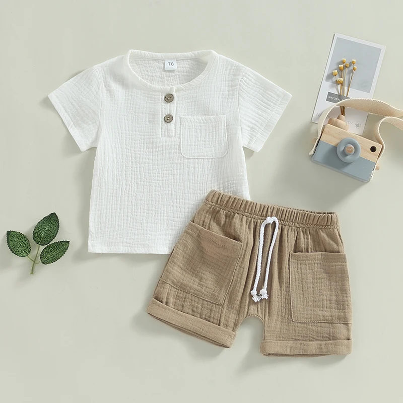 Комплект летней одежды Для маленьких мальчиков от 0 до 3 лет, Однотонная футболка с короткими рукавами для Малышей + Шорты с эластичной резинкой на талии и Большими карманами, Детская одежда