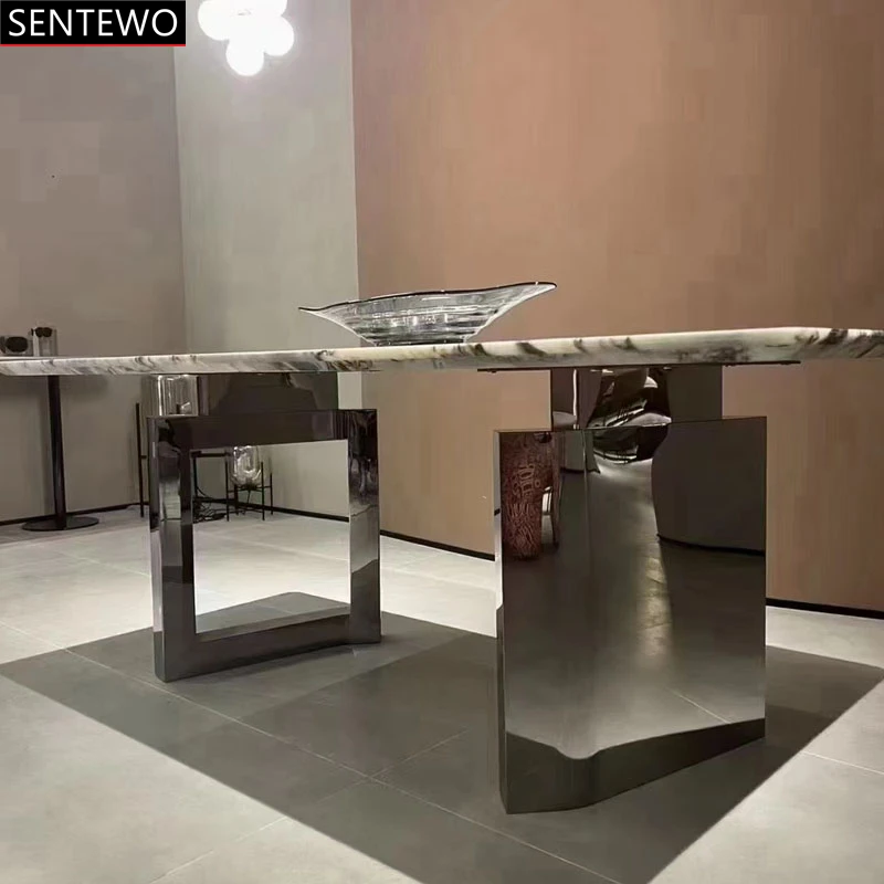Дизайнерский роскошный обеденный стол из мраморной плиты и 8 стульев mesa de jantar comedor de comedor мебель на золотой основе из нержавеющей стали