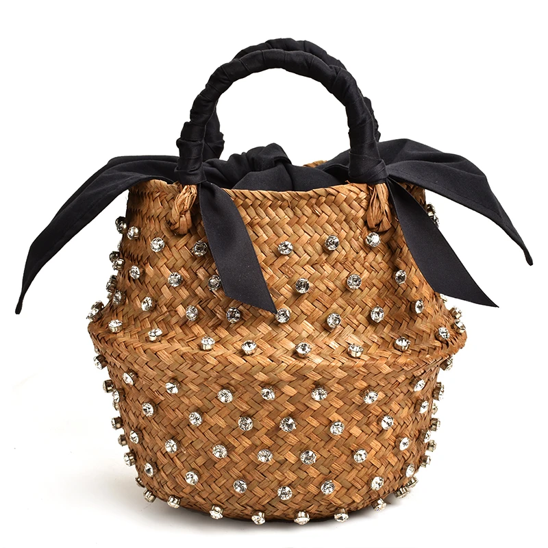 Украшенная вручную соломенная сумка для летнего отдыха, пляжная сумка с жемчугом, женское плетеное ведро, сумка с бриллиантами, дизайнерские модные сумки
