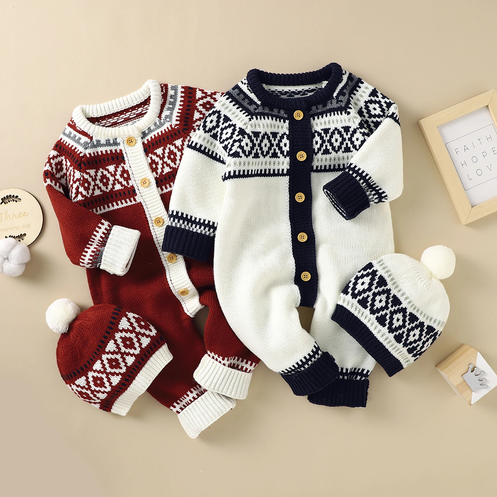 Citgeett Осенне-Рождественский Комплект одежды для новорожденных мальчиков и девочек, вязаный комбинезон с длинным рукавом + шапка, Рождественская зимняя одежда