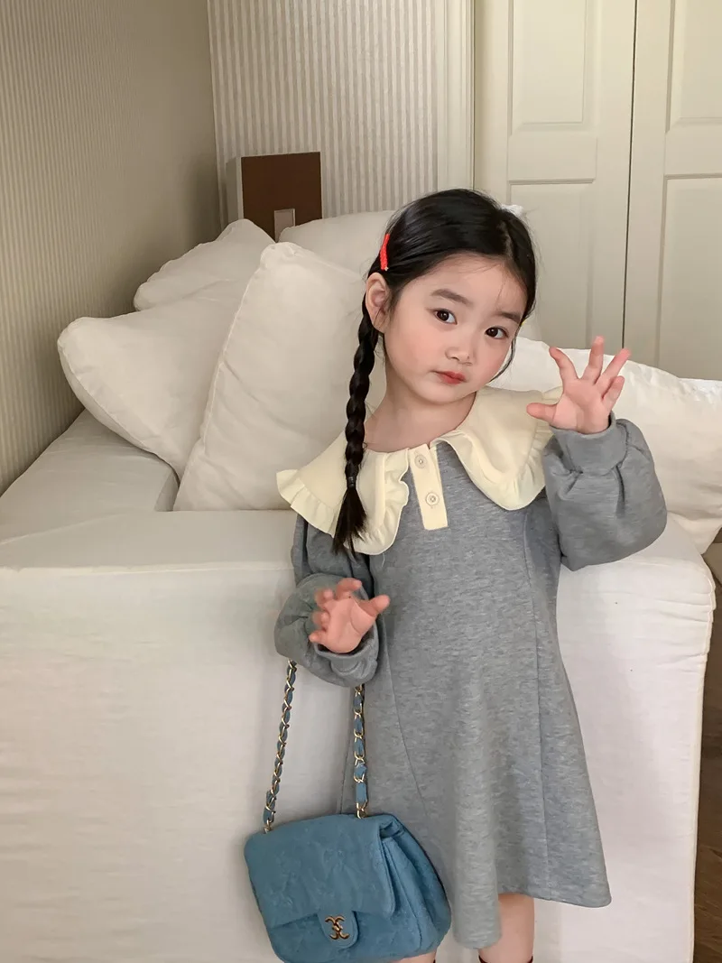 Детская одежда 2023, Новое платье для девочек, Милое лоскутное платье принцессы в Корейском стиле, Повседневное платье для девочек в простом стиле с большим воротником