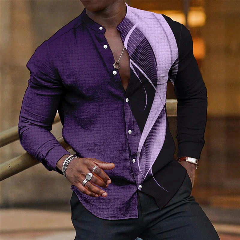 Рубашка Мужская Со стоячим воротником с лацканами, модная повседневная сине-фиолетовая геометрическая уличная вечеринка, высококачественная ткань, новинка 2023 года, Большие размеры