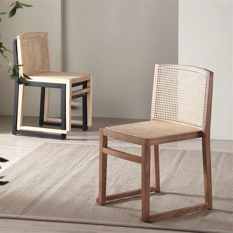 Обеденные стулья из ротанга в скандинавском стиле из цельного дерева для ресторанной мебели, Складной письменный стул с домашней спинкой, простой обеденный стул из ротанга в стиле ретро