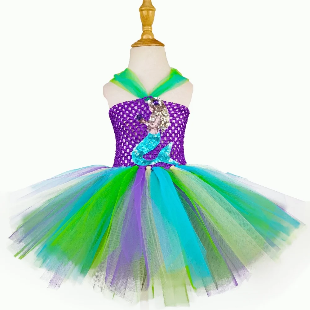 Платье-пачка с блестками Русалки для маленьких девочек, детское вязаное крючком тюлевое платье, детский костюм для вечеринки на день рождения, Хэллоуин, платья для косплея