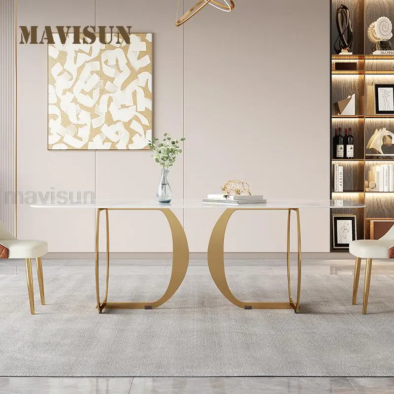 Европейский стиль, дизайн столешницы из белого мрамора, Современный минималистичный прямоугольный глянцевый стол высокого класса, Золотая мебель