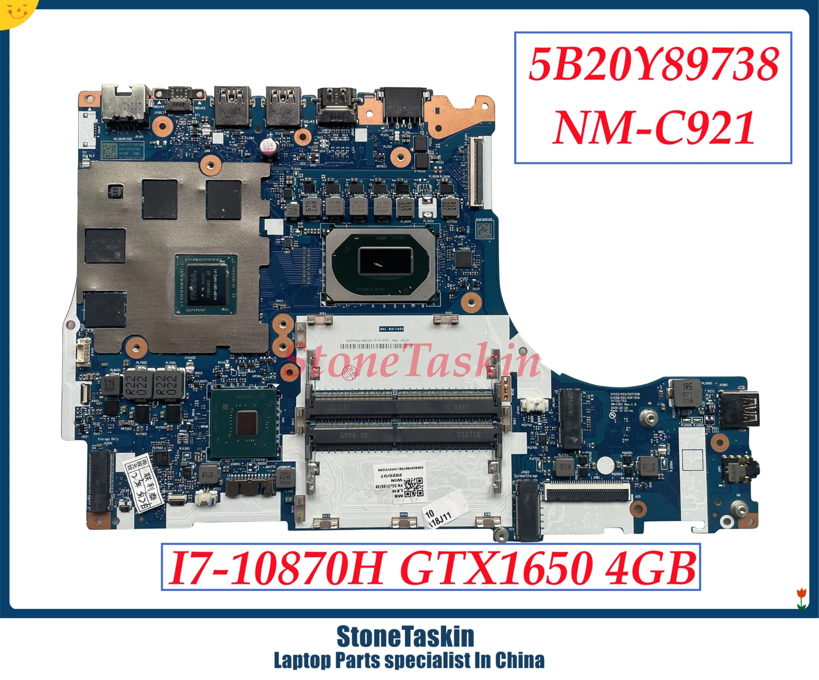 StoneTaskin GY752/753 NM-C921 Для Lenovo Legion Y7000P 5-15IMH05 Материнская плата ноутбука I7-10870H GTX1650 4GB 5B20Y89738 Протестирована