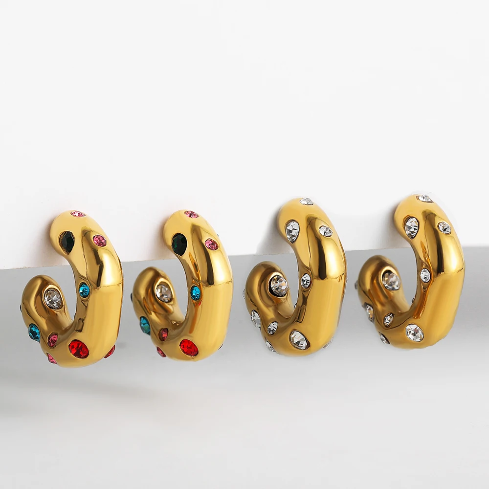 Модные Красочные Массивные серьги-кольца с кубическим цирконием в стиле панк, C-образные Открытые толстые обручи, ювелирные изделия из нержавеющей стали