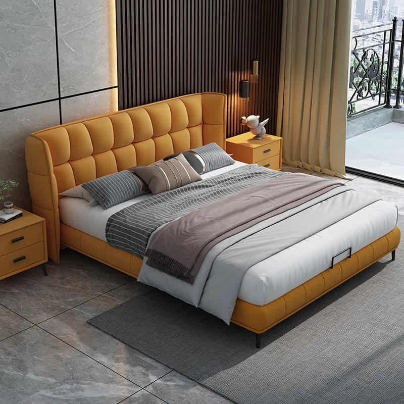 Скандинавская тканевая кровать Современная Простая Тканевая кровать с технологией Двуспальная кровать в главной спальне Свадебная кровать Маленькая квартира