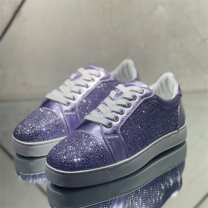 Роскошная дизайнерская обувь фиолетового цвета с кристаллами и стразами, мужская повседневная обувь на плоской подошве, лоферы, женские модные брендовые кроссовки