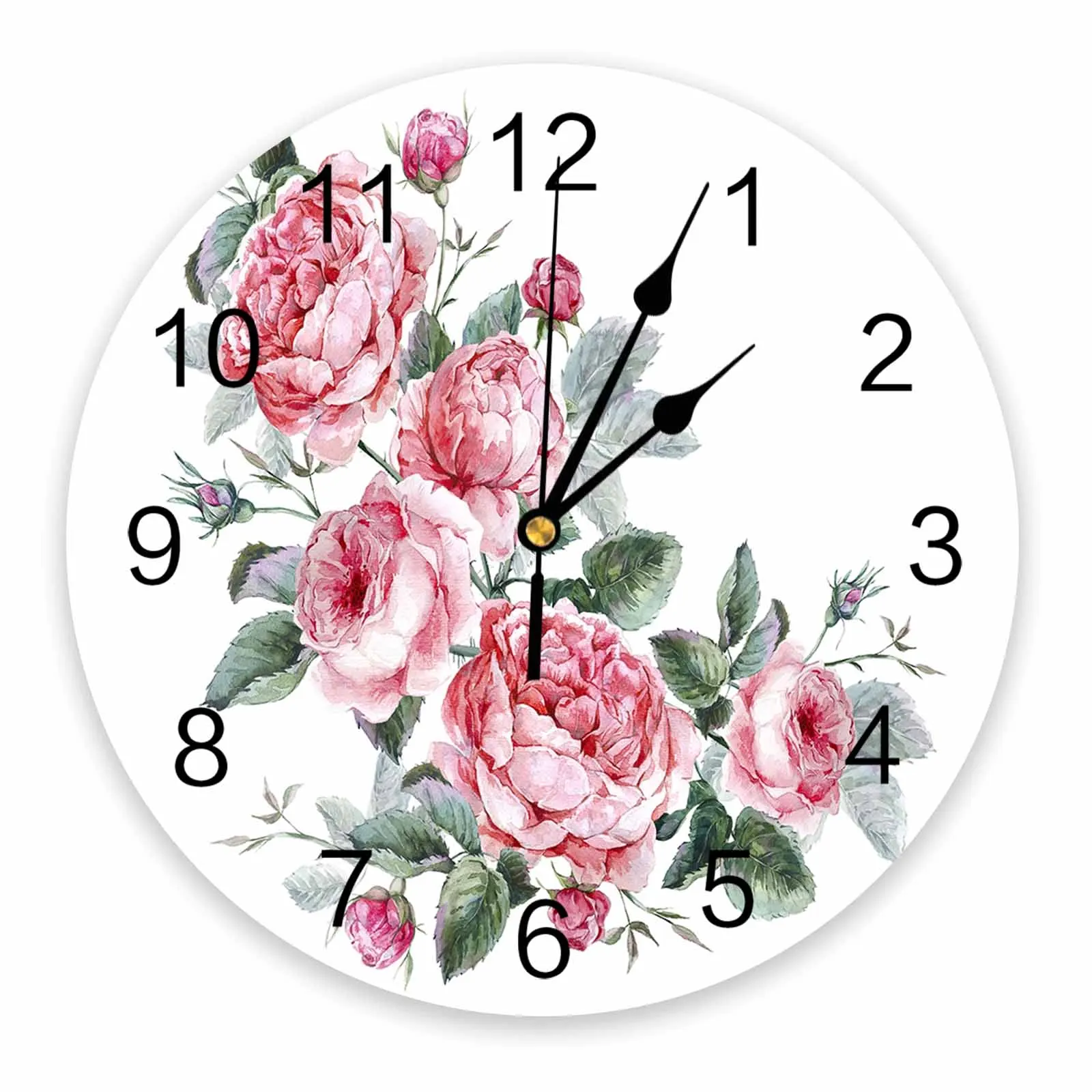 Розовая роза, Акварельный цветок, Декоративные Круглые настенные часы, дизайн с арабскими цифрами, Не Тикающие Спальни, Ванная комната, Большие настенные часы