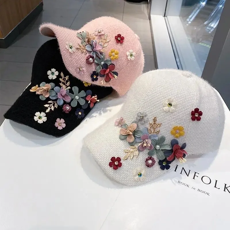 Шляпа Корейская зимняя утолщенная Теплая бейсболка с объемным цветком, Плюшевая шляпа для девочек, шляпа с утиным язычком, Солнцезащитный крем