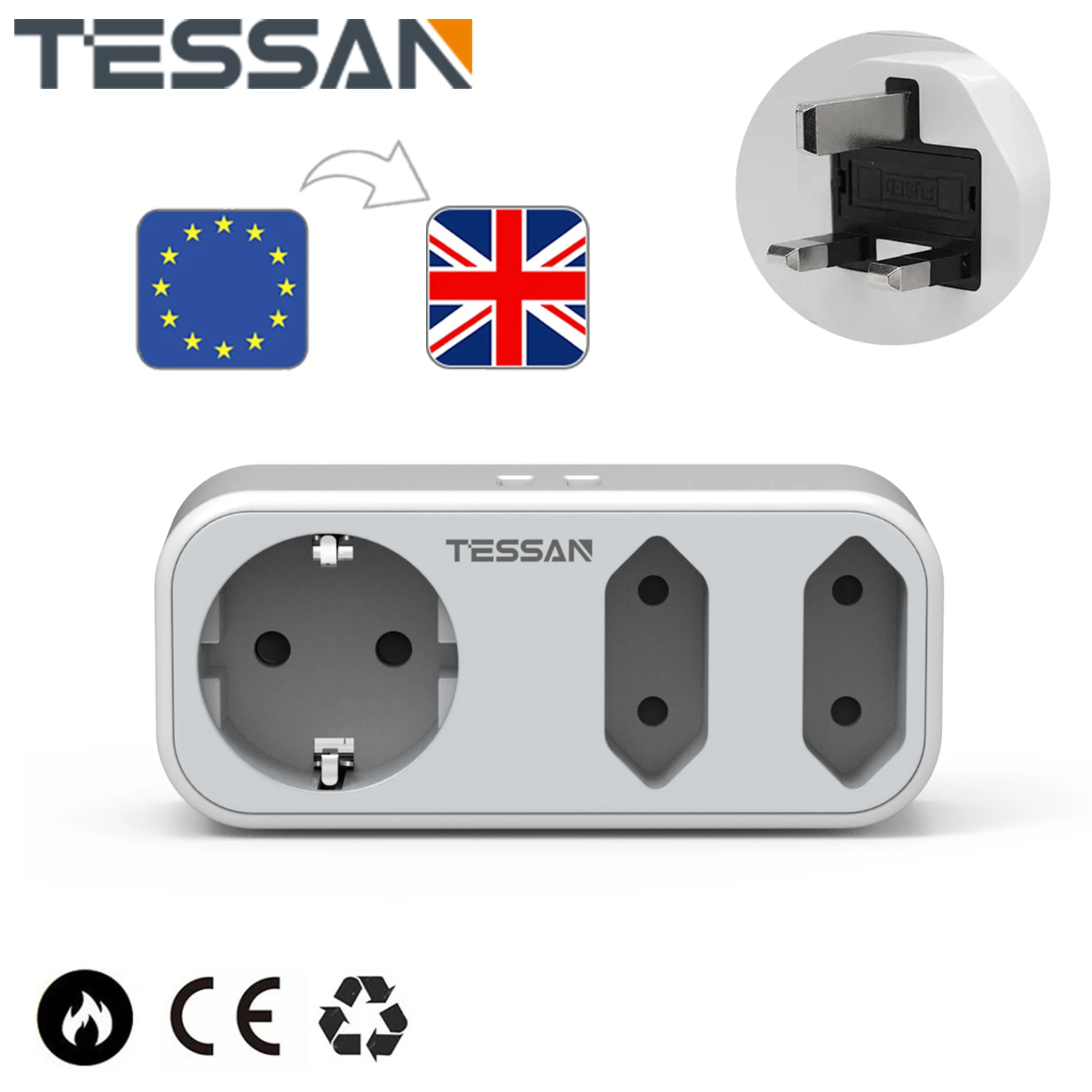 Адаптер TESSAN от ЕС до Великобритании с 3 Розетками и 2 USB, 2-Контактный Адаптер от Европы до 3-контактной Розетки Великобритании для Ирландии / Английского языка /Шотландии