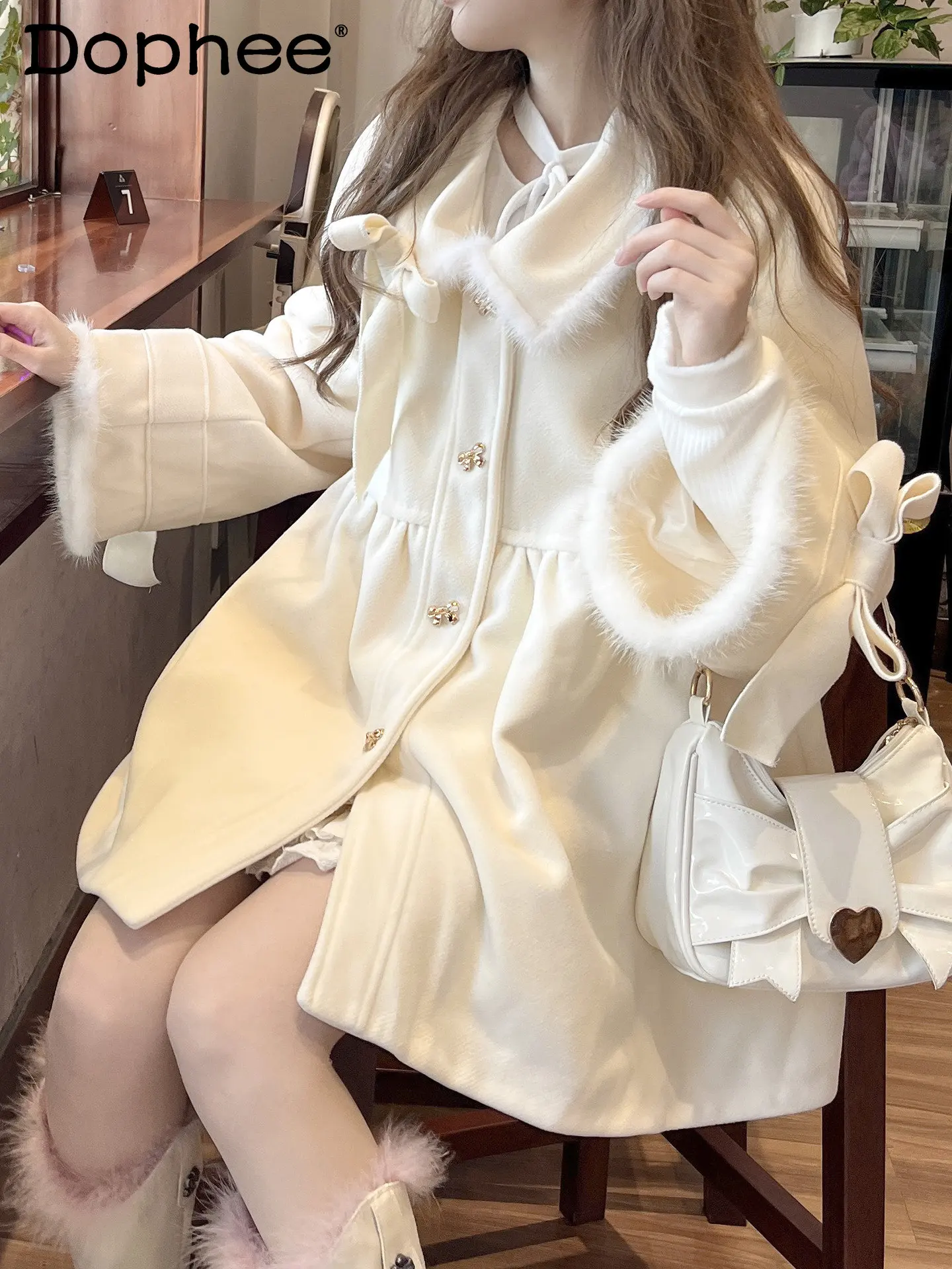 Шерстяные Пальто в Японском Стиле с Милым Бантом в стиле Лолиты Для Девочек, Утолщенное Теплое Нежное Белое Кашемировое Пальто для Женщин, Осенне-Зимняя Одежда