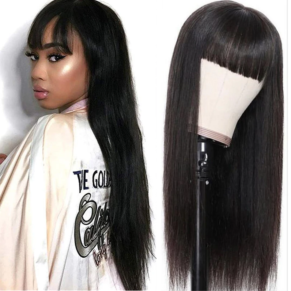 Парики из 100% человеческих волос с челкой, полностью машинные парики, прямые, мелодичные натуральные черные бразильские парики Remy с челкой для женщин