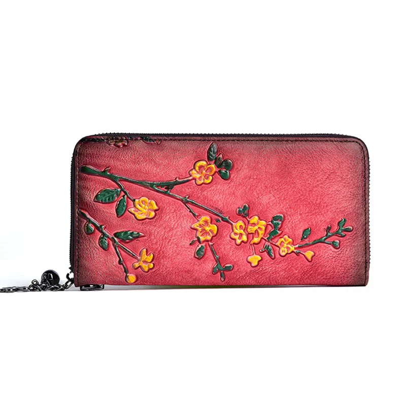 Кошелек из натуральной кожи, Клатч, женская дизайнерская сумочка с цветочным тиснением ручной работы, длинный кошелек на молнии из натуральной кожи