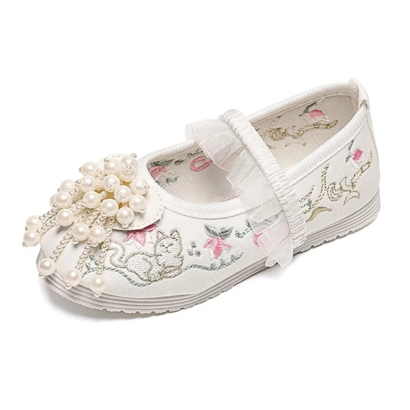 Kruleepo 2023 Повседневная обувь для маленьких девочек в китайском стиле, детская школьная уличная обувь Hanfu с вышивкой жемчужными нитками