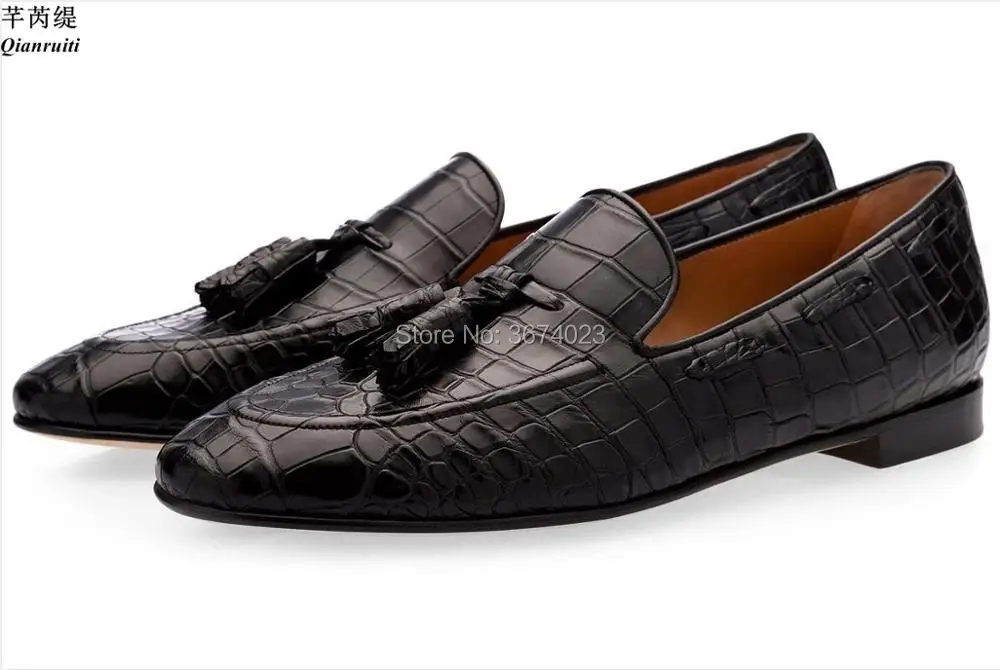 Qianruiti/ Клубная обувь для вечеринок, мужские лоферы Corcodile, туфли на плоской подошве из тисненой кожи, тапочки с кисточками, слипоны для курения, мужская повседневная обувь