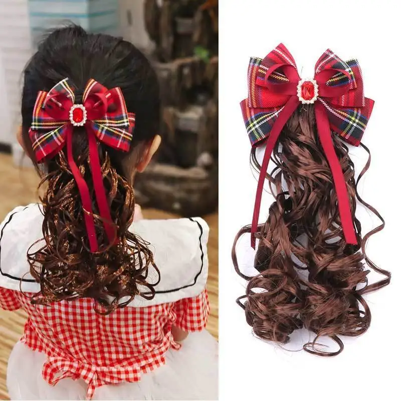 Корейский Азиатский Детский парик, заколка, Клетчатый бант, Серпантин для девочек, Детские головные уборы для вьющихся волос, Детские головные уборы, Заколка для волос, украшения для волос
