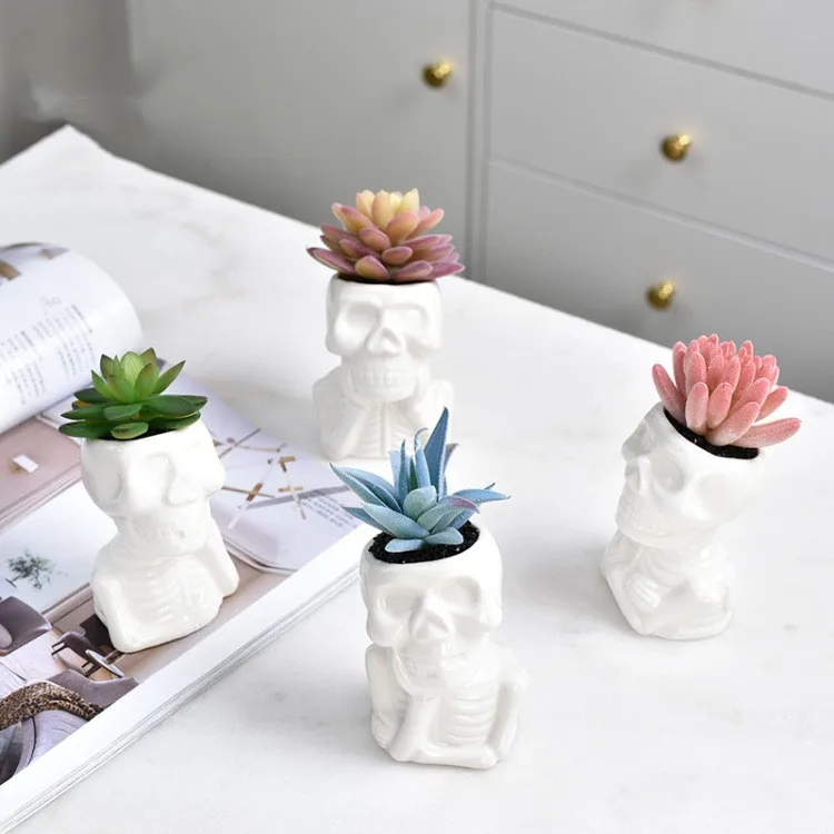 Креативный Белый керамический цветочный горшок с мультяшным Черепом, сочный цветочный горшок, Фарфоровая ваза для цветов, украшение для дома