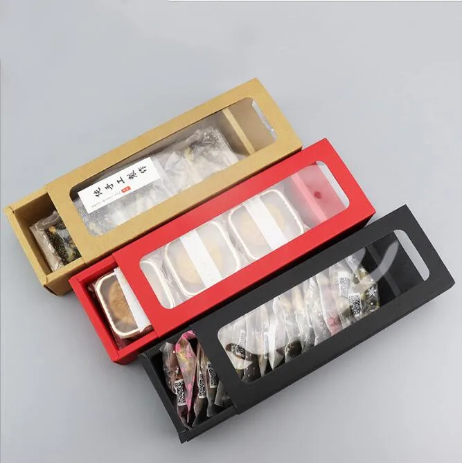 10шт Бумажная коробка с прозрачным окном из ПВХ, коробка для печенья в стиле ящика, Черно-коричневая, Красная Бумажная Подарочная коробка для шоколада Macaron