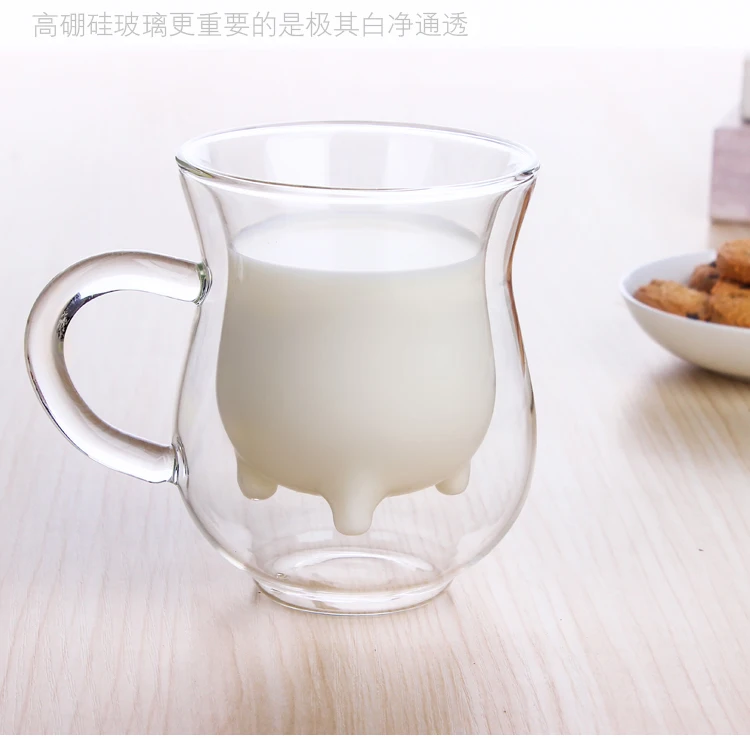 Бесплатная доставка прекрасное стекло в форме коровьего вымени с двойными стенками, кружка для молока, фруктового сока, чашка для чая