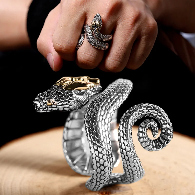 Властные винтажные кольца в виде змеи серебристого цвета для мужчин, змея ручной работы для женщин, кольцо National Tide, Готическое кольцо, ювелирные аксессуары