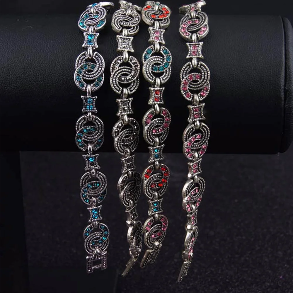 Изумрудно-голубой, Розовый, Черный, Хрустальный Браслеты для женщин, браслет в форме наручника цвета античного серебра, bransoletki damskie