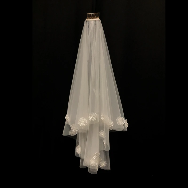 Свадебная фата с гребнем на кончиках пальцев, белый Иллюзионный тюль, кружевные цветы, 2 яруса
