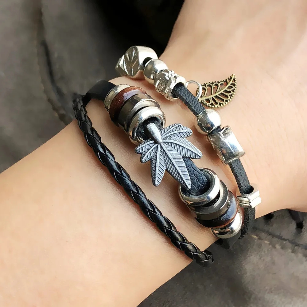 Многослойные Кожаные браслеты Для мужчин и женщин, Повседневный винтажный браслет с подвесками из веревки ручной работы