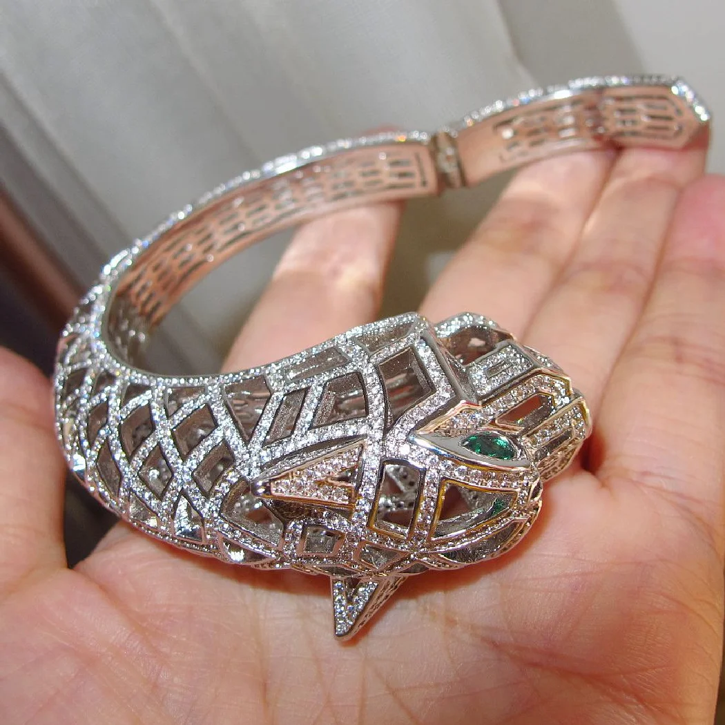 Полый леопардовый браслет AAA + Кубический цирконий, выложенный камнем, Животное, Пантера, браслет-манжета для мужчин или женщин, дизайнерские медные украшения