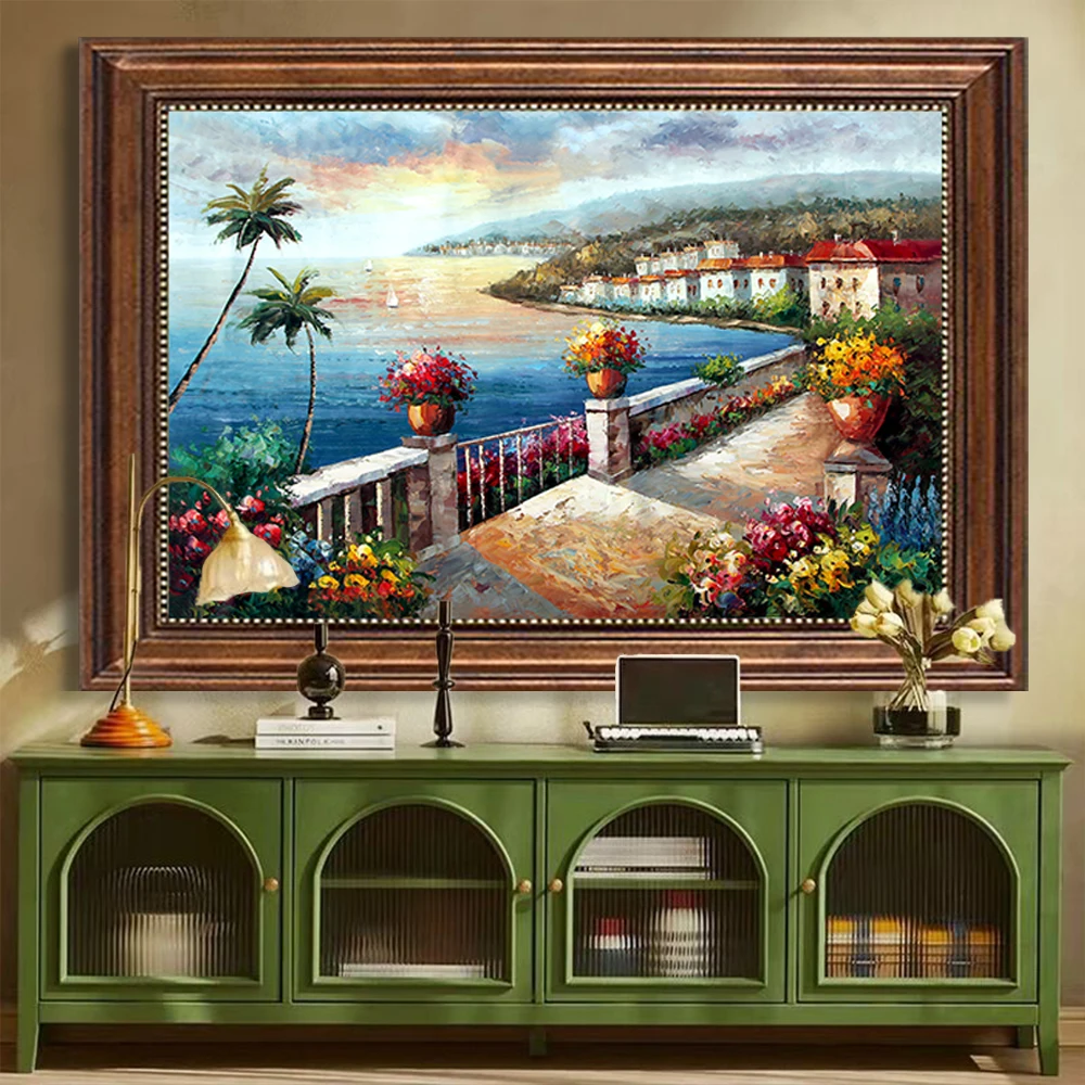 Картина маслом в скандинавском средиземноморском стиле с морским пейзажем ручной работы, красочный пейзаж на холсте для гостиной, картина для украшения дома