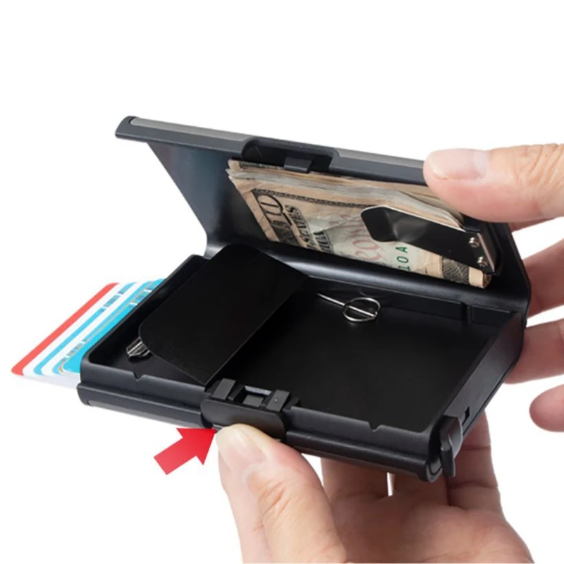 Деловой держатель кредитной карты с блокировкой RFID, Тонкий алюминиевый мини-кошелек, держатель банковской идентификационной карты, кошелек для монет, Мужской автоматический всплывающий футляр для карт