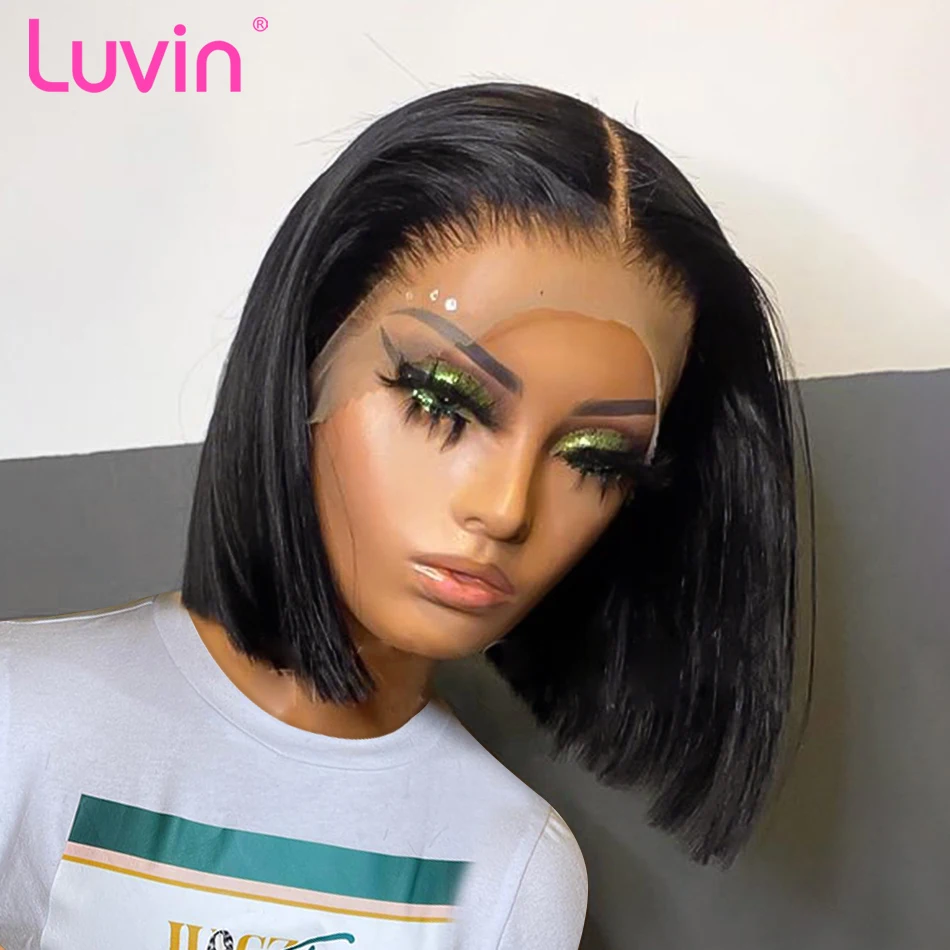 Luvin Bone Прямой короткий боб 13x4 Кружевные фронтальные парики из человеческих волос 180% с кружевной застежкой 4x4 Remy Бразильский фасад, предварительно выщипанный для женщин