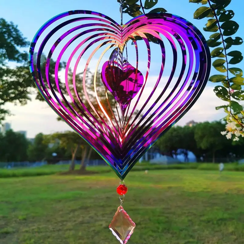 Love Heart Wind Chime, 3D Вращающийся Металлический Спиннер, Аксессуары для украшения дома и сада, Красочные Подвесные Украшения, Подарки для пары