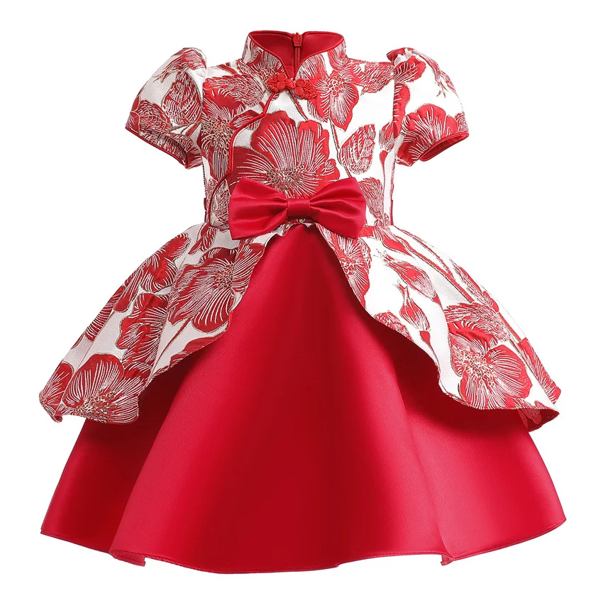 2023 Красное праздничное платье для девочек Традиционное китайское платье с бантом и вышивкой Чонсам для девочек в цветочек на 3, 4, 5, 6, 7, 10 лет на День рождения