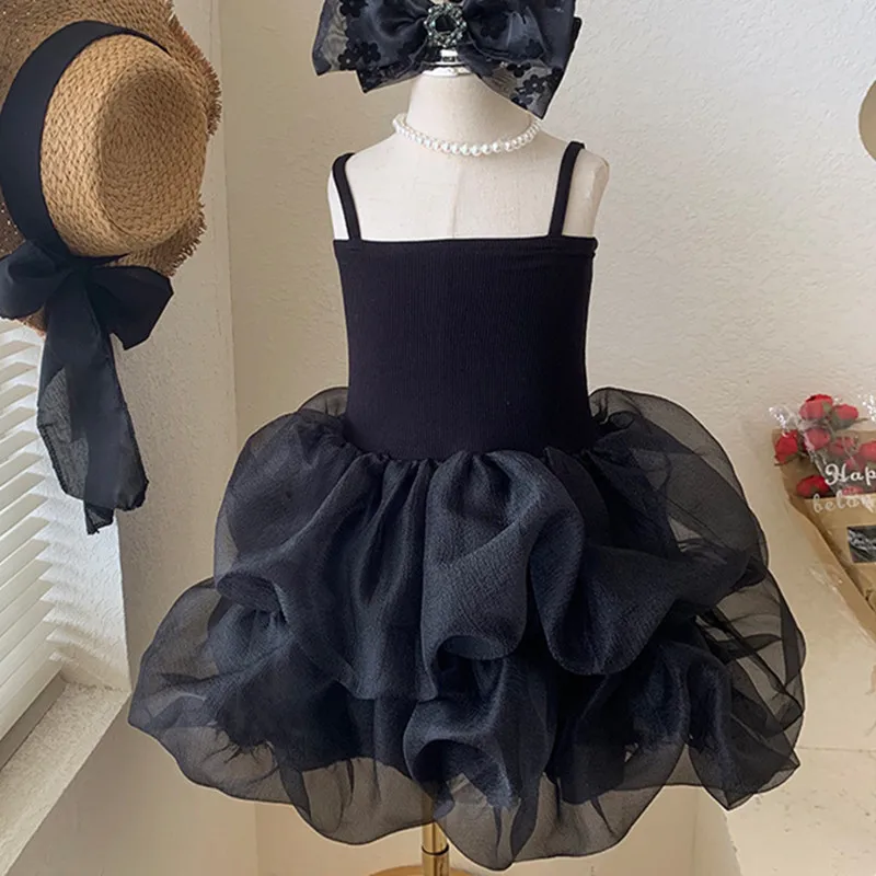 Модное новое летнее платье принцессы для девочек 2023 года, детское черное платье из тюля без рукавов, детский костюм для вечеринки по случаю дня рождения