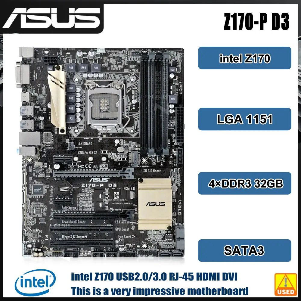 Материнская плата LGA 1151 ASUS Z170-P D3 Intel Z170 Материнская плата 4 × DDR3 PCI-E 3.0 M.2 SATA III USB3.0 ATX Для процессора Core i7i5i3 шестого поколения
