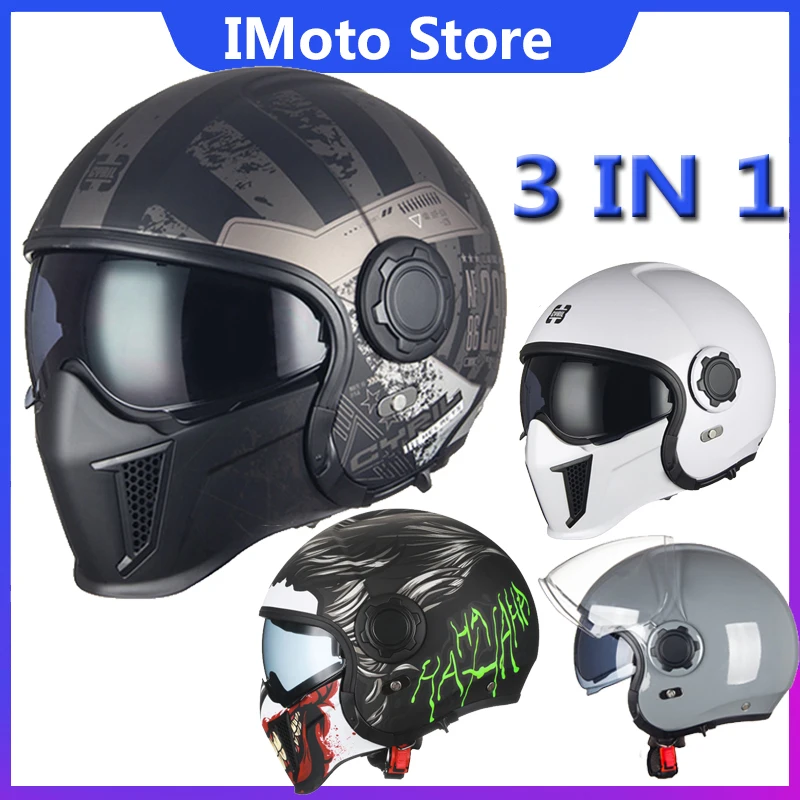 Ретро-мото-шлем 3 В 1, мужской Женский мотоциклетный шлем с полным лицом, шлем с открытым лицом, Модульный шлем с двойными линзами, ТОЧКА, ECE Casco Moto