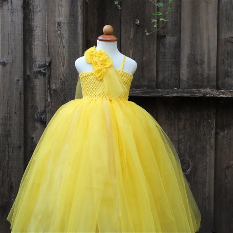 Желтое винтажное платье-пачка с цветочным узором для девочек, детское вязаное крючком тюлевое платье, длинное бальное платье, детский костюм для вечеринки в честь Дня рождения, платья принцессы