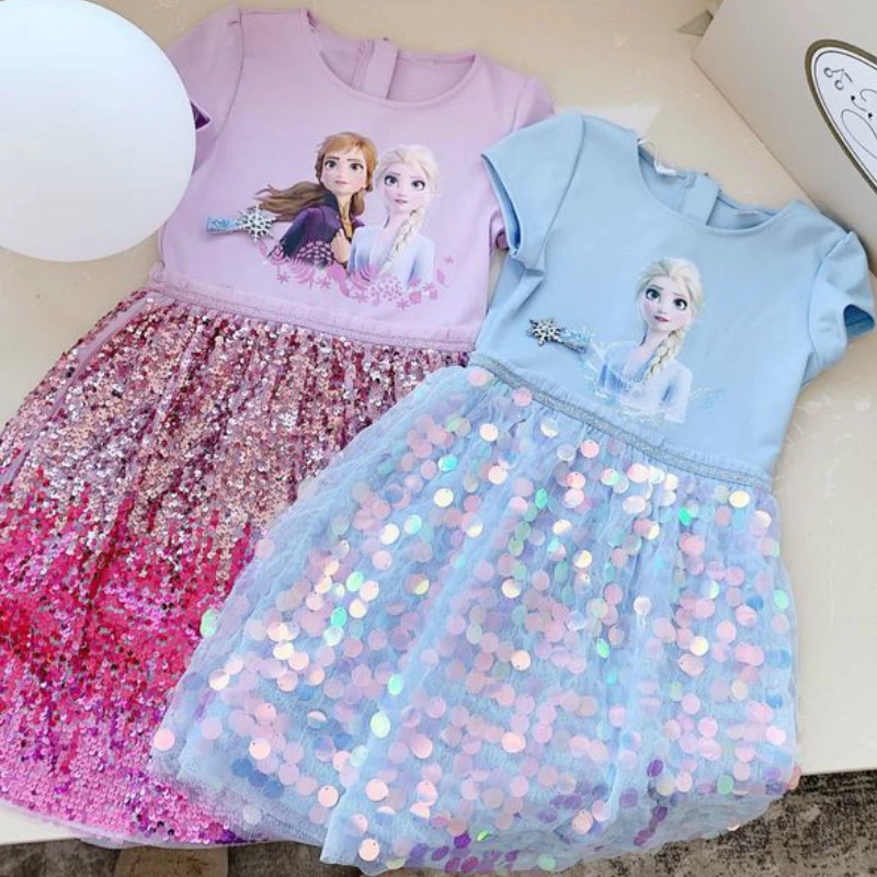 Детское платье 2023, новое хлопковое весенне-летнее праздничное платье Frozen для девочек, платье принцессы с блестками, платья для маленьких девочек