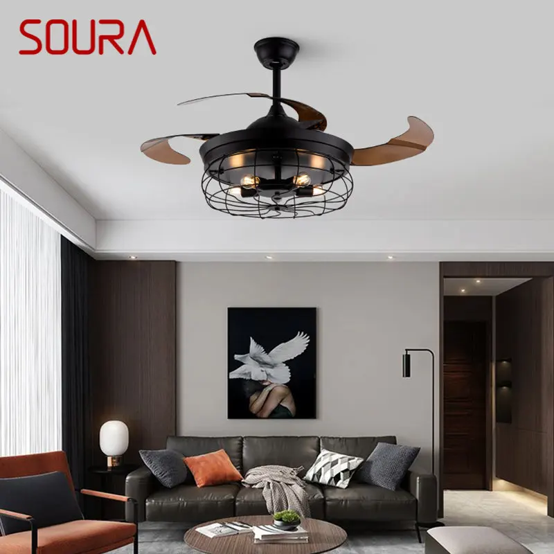 Потолочный вентилятор SOURA в стиле ретро, промышленная светодиодная лампа из черного металла с дистанционным управлением для дома, спальни, лофта