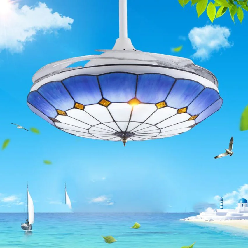 Подвесной светильник Led Celing Fan, люстра Tiffany 42 дюйма, средиземноморский синий, ретро пульт дистанционного управления 110 В 220 В