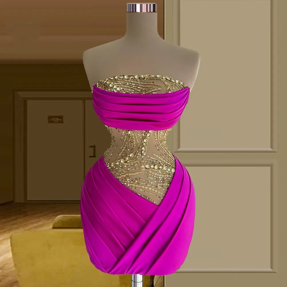 Фиолетовые коктейльные платья-футляр без бретелек, Короткие Мини-платья для вечеринки, украшенные бисером, от кутюр