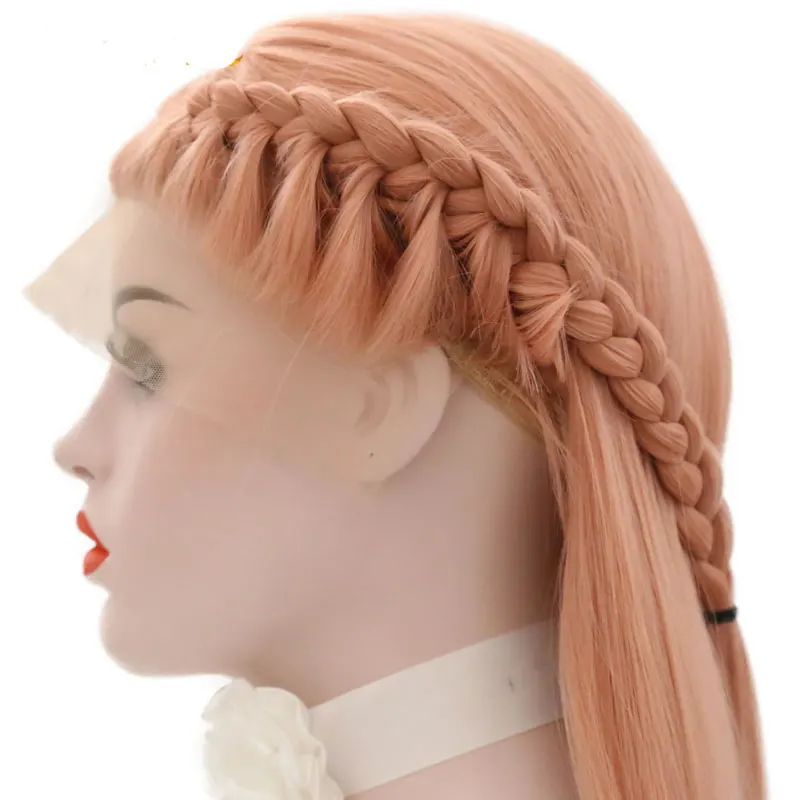 Синтетический парик с кружевной оплеткой спереди, Живого розового цвета, Прямые волосы из термостойкого волокна, натуральные волосы без пробора для женских париков