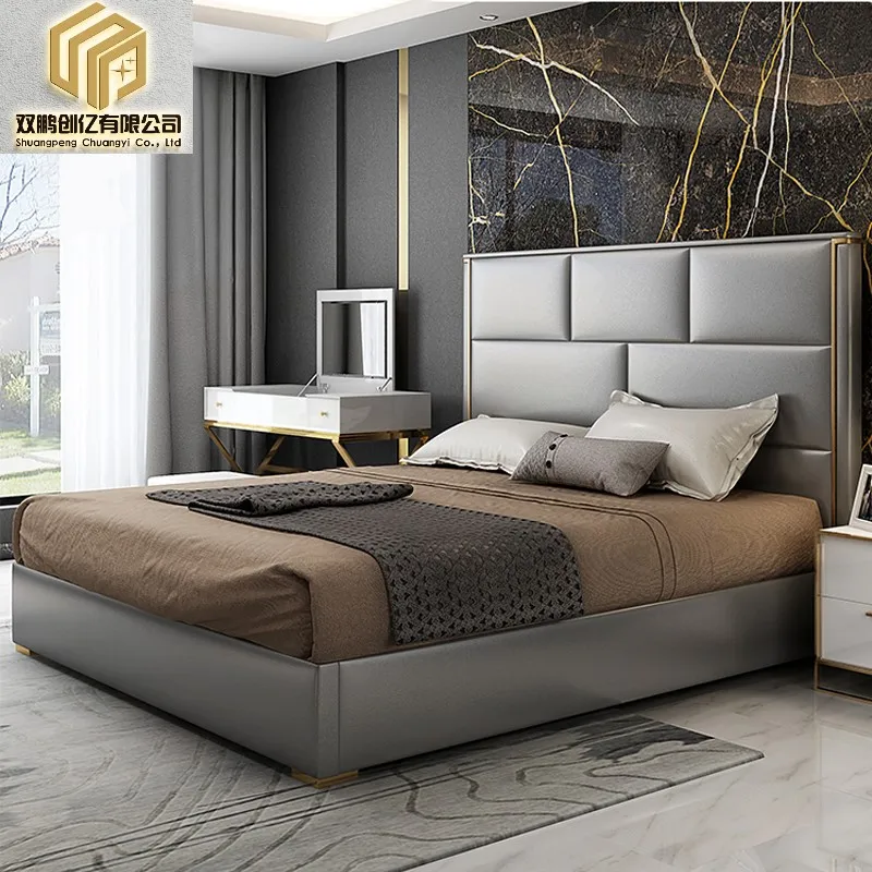 Современная минималистичная легкая роскошная кожаная кровать для двуспальной кровати в главной спальне, кожаная кровать 1,8 метра, кожаная мебель для спальни