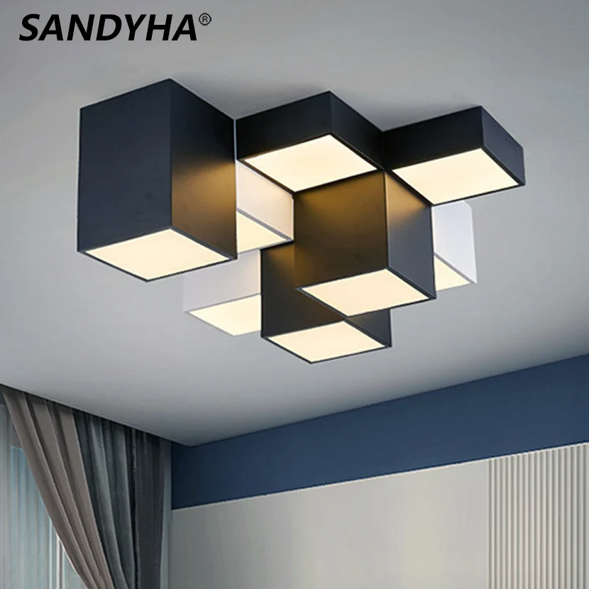 Комбинированные потолочные светильники SANDYHA Modern Square Box с черной светодиодной лампой для декора гостиной и спальни Lamparas Modermas De Techo