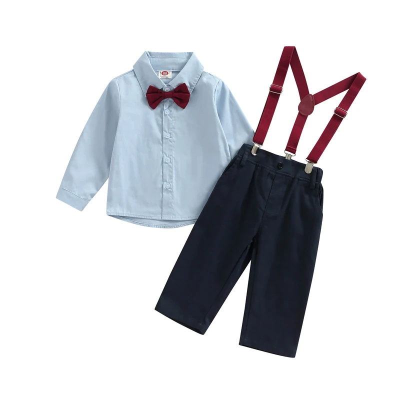 Детский Брючный костюм для мальчика, рубашка с отворотом на шее с длинным рукавом + Повседневные уличные длинные брюки + плечевые ремни на подтяжках 6 М-4 Т