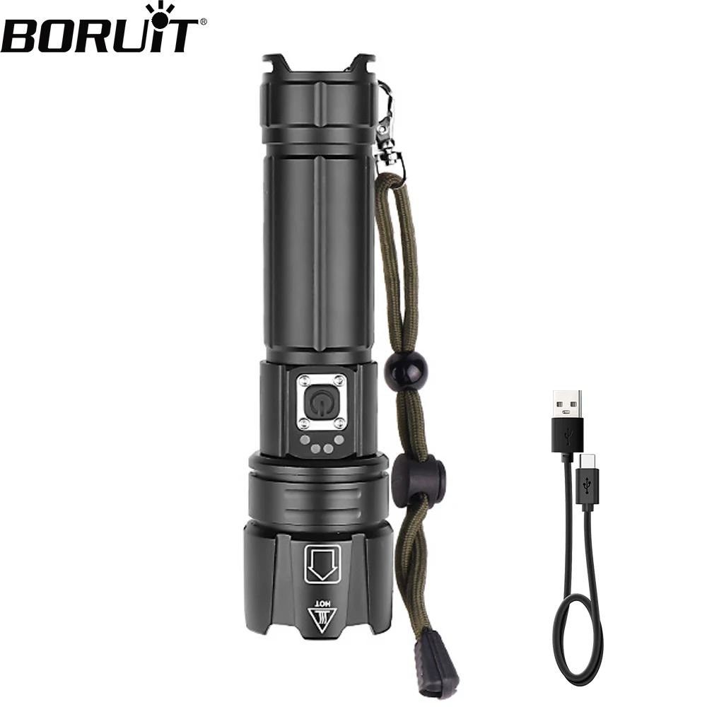 BORUiT P70 светодиодный мощный фонарик Type-c с перезаряжаемым масштабируемым аккумулятором питания, водонепроницаемый походный тактический аварийный фонарь