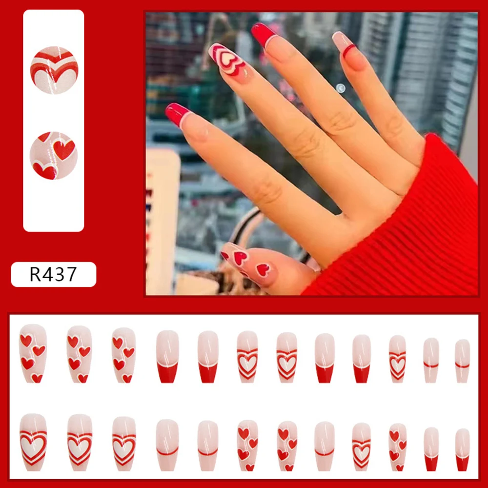 24шт Глянцевых накладных ногтей, пригодных для носки, различных красных накладных ногтей Love для женщин и девочек, искусственных съемных ногтей с полным покрытием